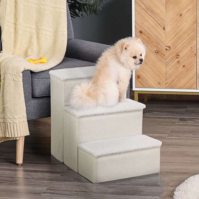 Foldable pet ladder with storage, 3 steps, MDF, white