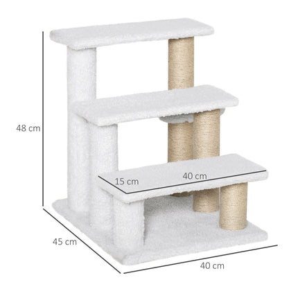 Pet stairs and scratching post, 3 steps, plush/jute, white