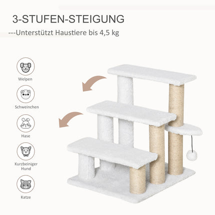 Pet stairs and scratching post, 3 steps, plush/jute, white