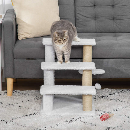 Pet stairs and scratching post, 3 steps, plush/jute, white