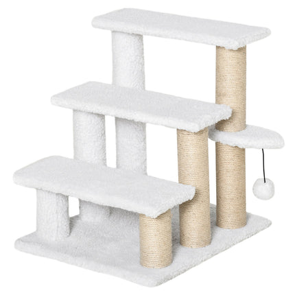 Pet stairs and scratching post, 3 steps, plush/jute, white