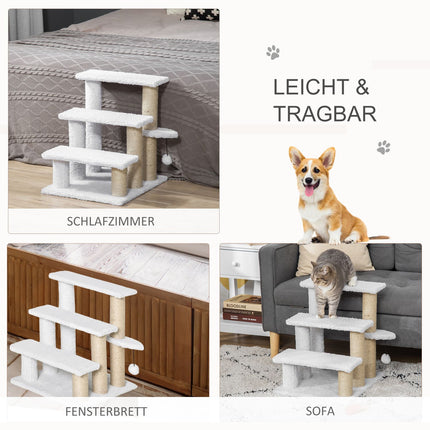 Pet stairs and scratching post, 3 steps, plush/jute, white