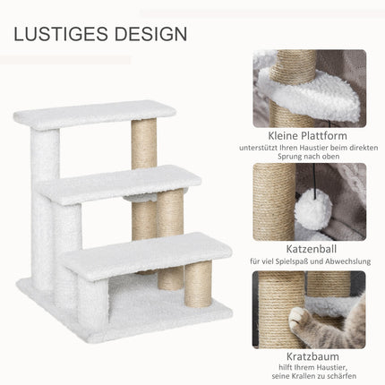 Pet stairs and scratching post, 3 steps, plush/jute, white