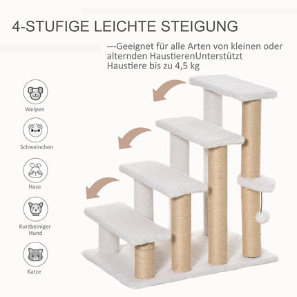 Pet Stairs with Scratching Post, 4 Steps, Plush Jute White