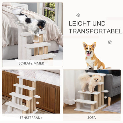 Pet Stairs with Scratching Post, 4 Steps, Plush Jute White