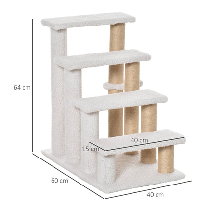 Pet Stairs with Scratching Post, 4 Steps, Plush Jute White