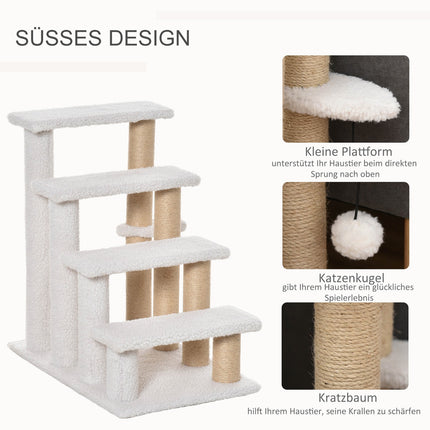 Pet Stairs with Scratching Post, 4 Steps, Plush Jute White