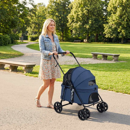 Pet Stroller for Small Dogs, Foldable with Canopy, Navy