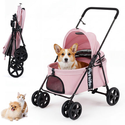 Pet Stroller for Small Dogs, Foldable with Canopy - Pink