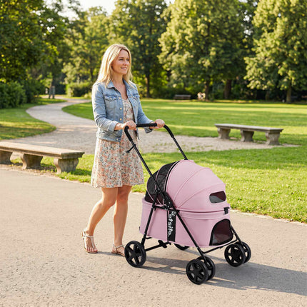 Pet Stroller for Small Dogs, Foldable with Canopy - Pink