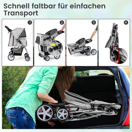 Pet Stroller with Mesh Windows & Cup Holder, Gray, 15kg Capacity
