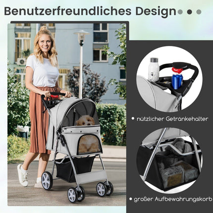 Pet Stroller with Mesh Windows & Cup Holder, Gray, 15kg Capacity