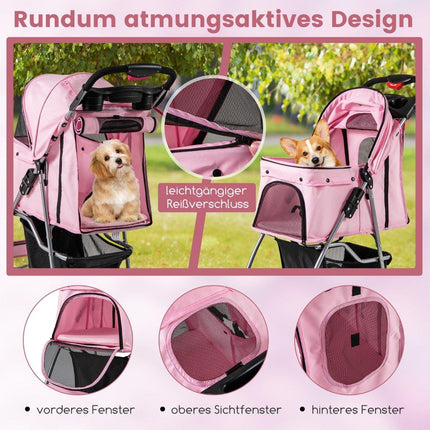 Pet Stroller with Mesh Windows & Cup Holder, Pink, 15kg Capacity