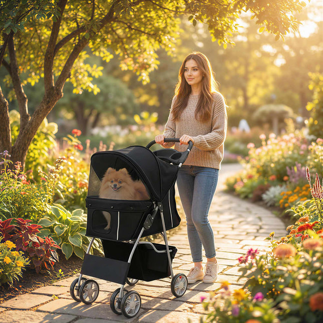 Pet Stroller with Mesh Windows, Foldable, for Small Pets