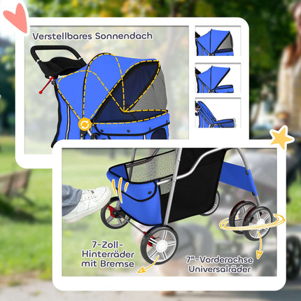 Pet Stroller with Mesh Windows and Rain Cover, Blue