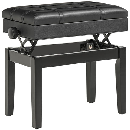 Height-adjustable piano bench in black leather with storage