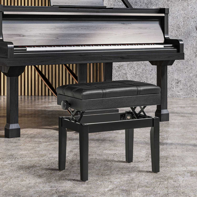Height-adjustable piano bench in black leather with storage