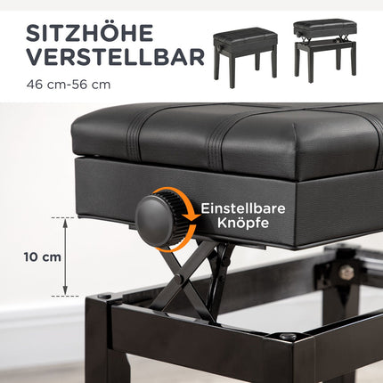 Height-adjustable piano bench in black leather with storage