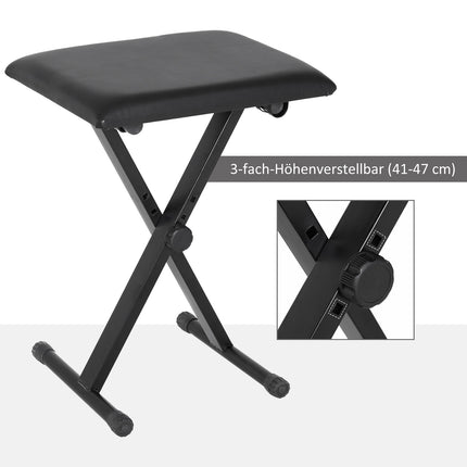 Adjustable Black Metal Piano Bench - Faux Leather Foam Seat