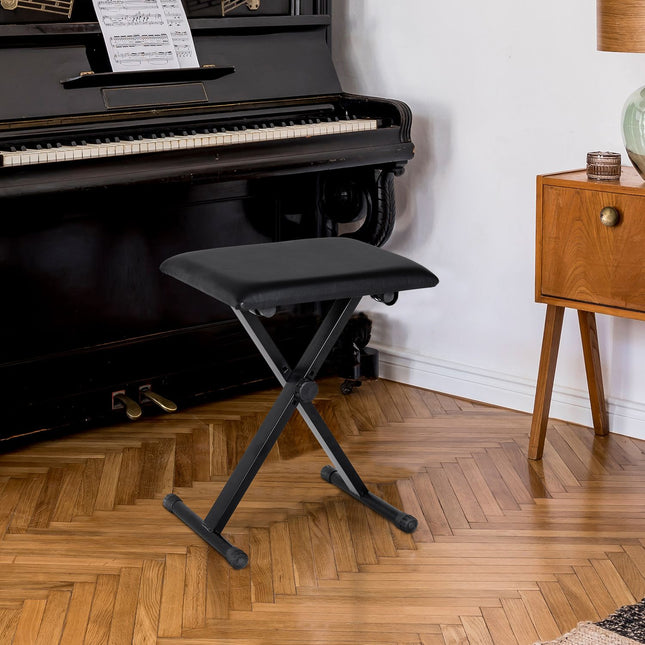 Adjustable Black Metal Piano Bench - Faux Leather Foam Seat