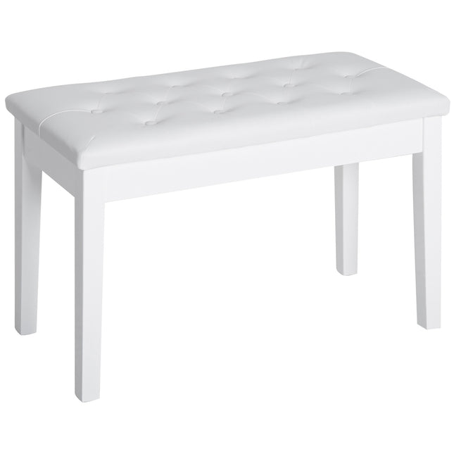 Piano stool in white artificial leather with storage, rubber wood