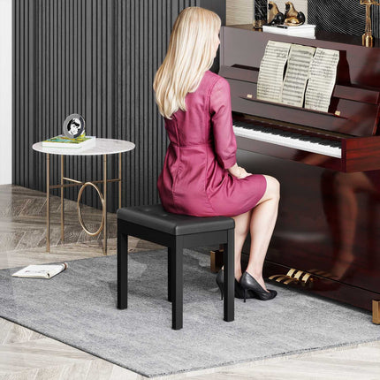Piano bench, faux leather cover, quilted buttons, storage space, wooden legs, black