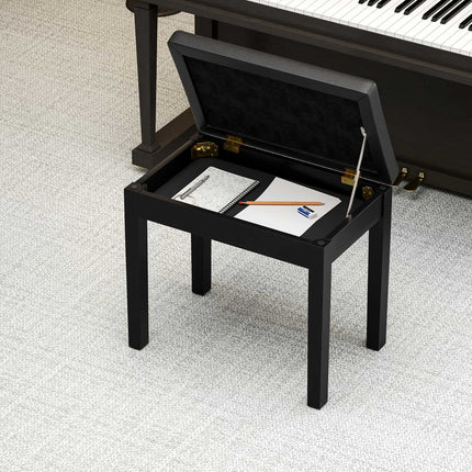 Piano bench, faux leather cover, quilted buttons, storage space, wooden legs, black