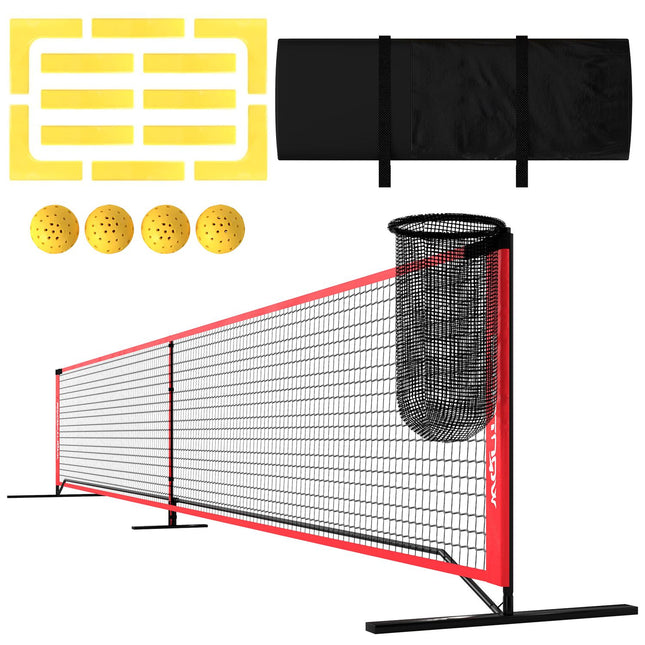 Przenośny zestaw do gry w piłkę pickleball System do gry w piłkę pickleball 6,7 m z siatką, zestaw do znakowania boiska, zbieracz piłek, cztery piłki i torba do noszenia na zewnątrz, podjazd