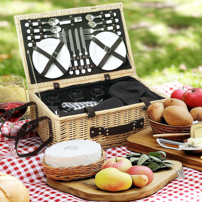 Willow Wood Picnic Basket Set for 4 with cooler and blanket