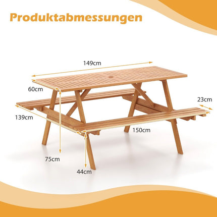 Picnic table for 6 people, rectangular garden table with 2 integrated benches and umbrella hole 150 x 139 x 75 cm natural