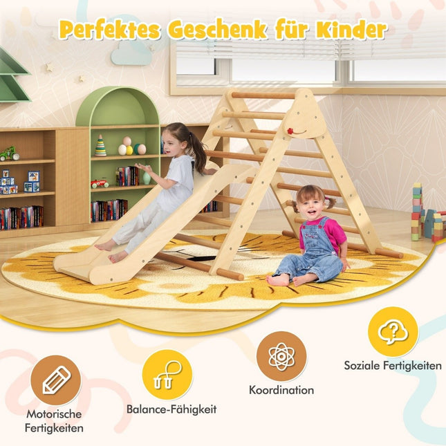 Pikler triangle set folding climbing triangle with slide and bars made of solid natural beech wood