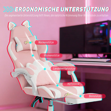 Pink Gaming Chair with Cat Ears and Lumbar Support