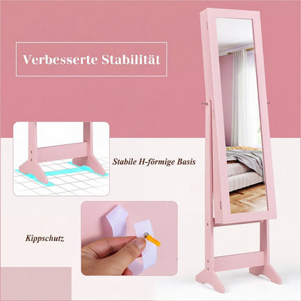 Pink Mirrored Standing Jewelry Cabinet with Large Storage