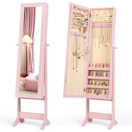 Pink Mirrored Standing Jewelry Cabinet with Large Storage