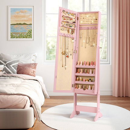 Pink Mirrored Standing Jewelry Cabinet with Large Storage