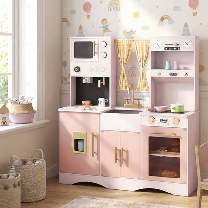 Pink Wooden Play Kitchen Set with Microwave & Coffee Maker