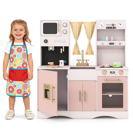 Pink Wooden Play Kitchen Set with Microwave & Coffee Maker