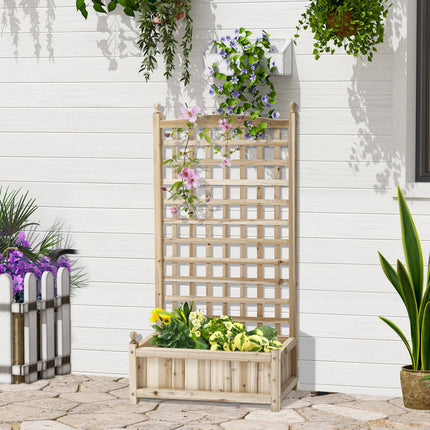 Wooden planter box with trellis for climbing plants, natural