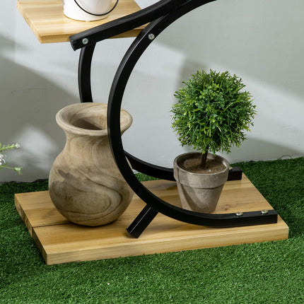S-shaped plant shelf with four levels, metal frame, solid wood
