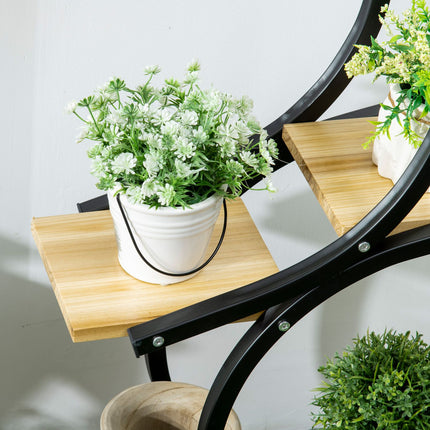S-shaped plant shelf with four levels, metal frame, solid wood