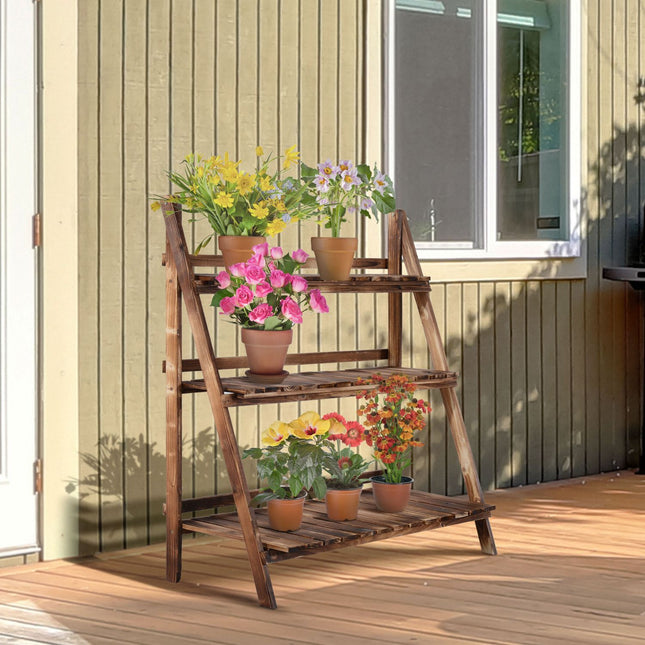 Plant Stairs Bloemenbank Van Dennenhout, 3 Treden, Donkerbruin, 100X37X93Cm, Voor Tuin En Balkon
