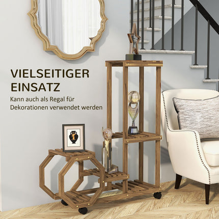 Wooden plant stand with wheels, 5 tiers, charred finish