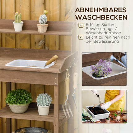 Wooden garden plant table with tub, brown - 117 x 45 x 121 cm