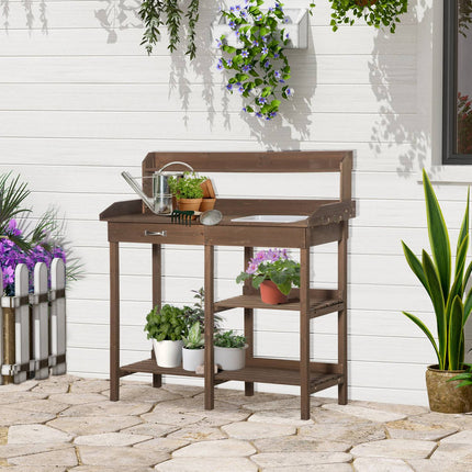 Wooden garden plant table with tub, brown - 117 x 45 x 121 cm