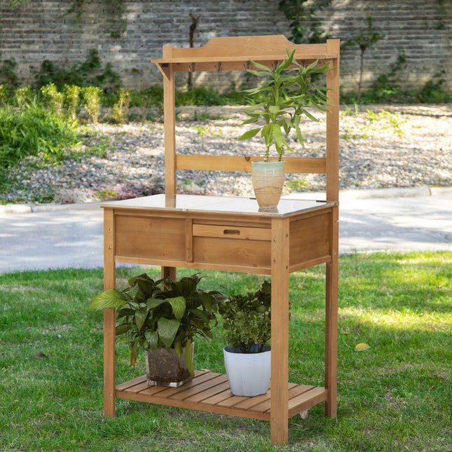 Outdoor planter table, weather resistant galvanized worktop