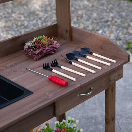 Garden spruce wooden planter table with sink and wheels