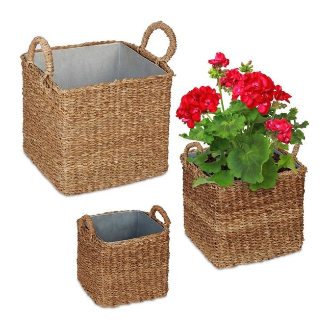 Planter basket with zinc tray set of 3