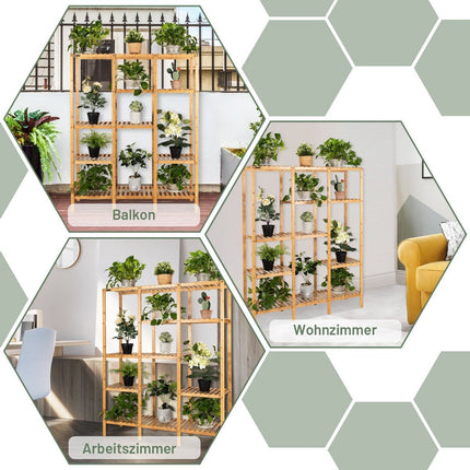 Plant shelf bamboo standing shelf with 5 levels flower stairs plant stand with hanging frame 114 x 31 x 141 cm natural