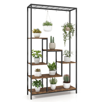 Plant stand 6 tiers 180 cm plant shelf metal with 10 S-hooks black + rustic brown