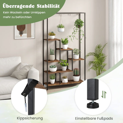 Plant stand 6 tiers 180 cm plant shelf metal with 10 S-hooks black + rustic brown